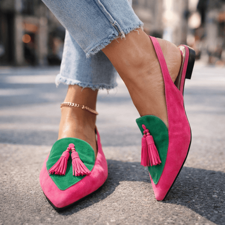 Lorena | Bicolor Suede & Pompon Flat Mules