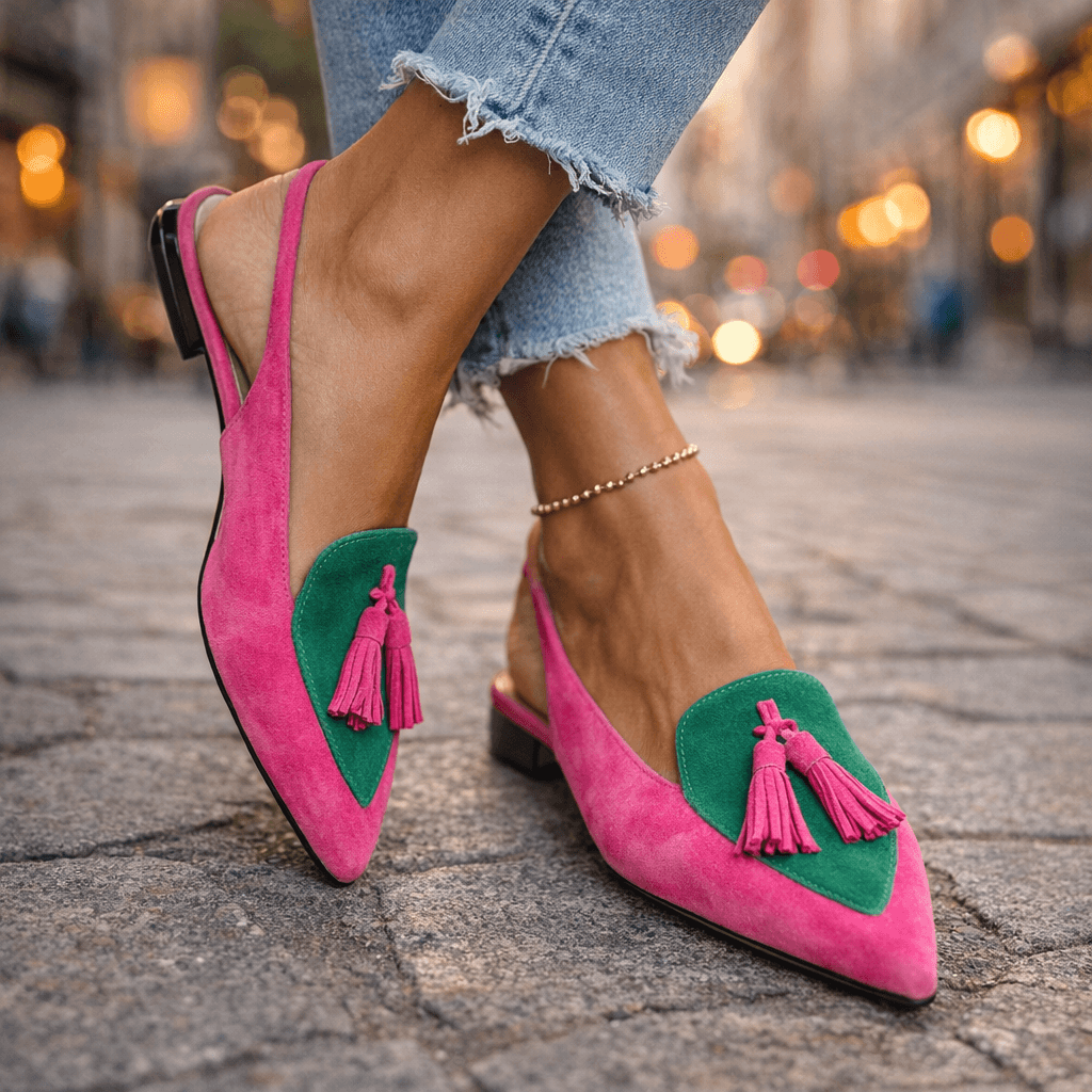 Lorena | Bicolor Suede & Pompon Flat Mules