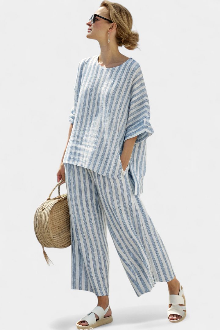 Rensleigh | Sophisticated Striped Blue Linen Set with Casual Pants
