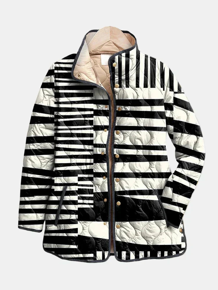 Miren | Black and White Abstract Pattern Quilted Jacket
